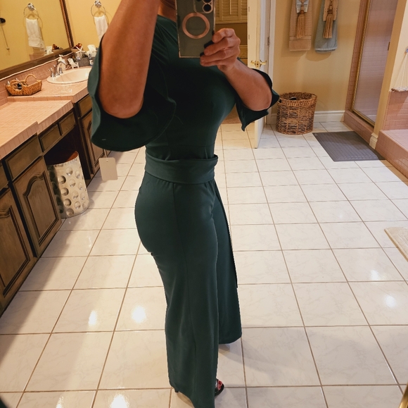Womens Medium half sleeve Belted green one piece pants jumpsuit - Picture 4 of 9